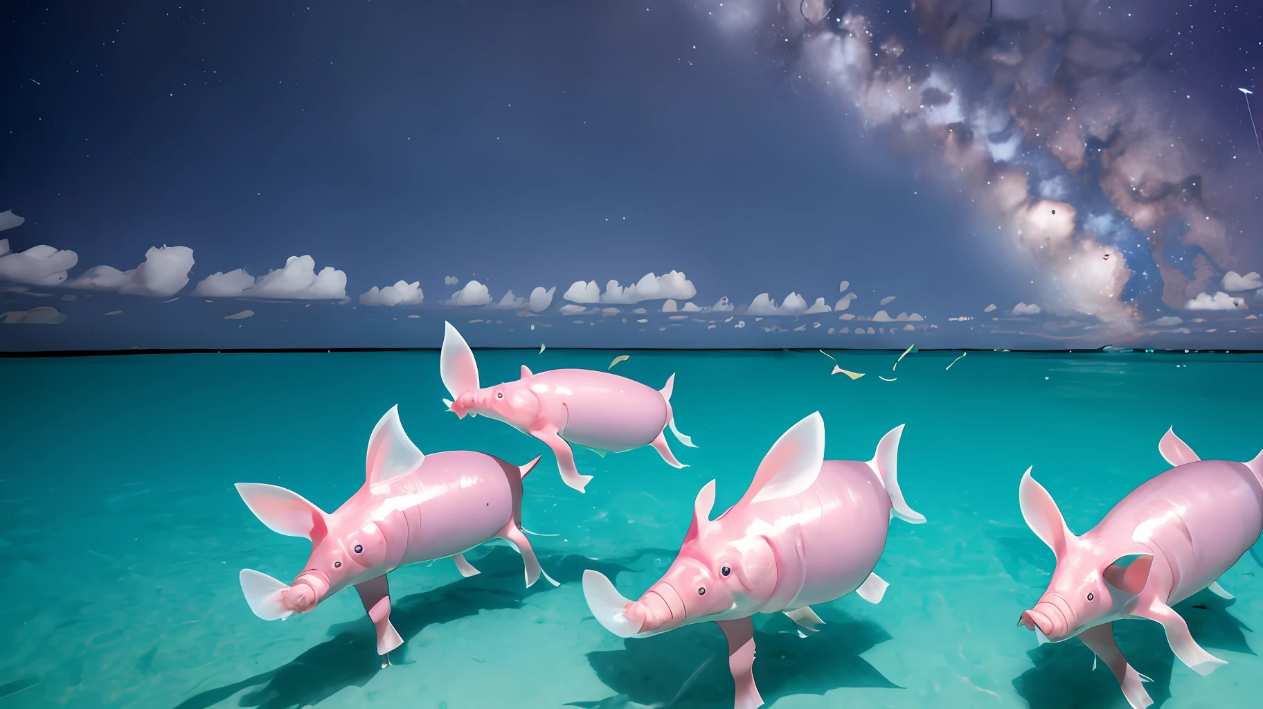 Sea pigs flying in the water ate a batch of freshly dead salted fish under the dark starry sky