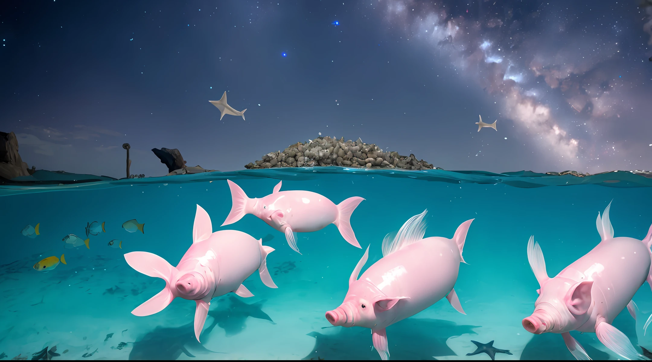 The sea pig flying in the water ate a batch of freshly dead salted fish under the dark starry sky. The salted fish was delicious, and the fish was big. It was stronger than a pig, and it flew faster than a pig. high