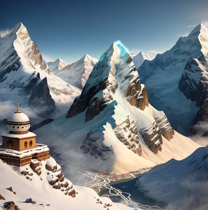 Transport your viewers to the rugged Himalayan landscape that embraces Kedarnath Temple. Paint a panoramic scene capturing the temple's majestic presence amidst the towering peaks and pristine glaciers. Illustrate the pilgrims' arduous journey as they navigate the treacherous terrain, adding an element of adventure and determination to the artwork. Infuse the composition with a sense of spirituality by portraying the swirling clouds and ethereal light that often grace this sacred place.