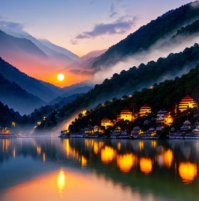 Step into the enchanting world of Nainital, a hill station nestled in the Kumaon region of Uttarakhand, India. Create a picturesque artwork that captures the mesmerizing beauty of Naini Lake at dusk. Portray the shimmering reflection of the surrounding hills and the vibrant hues of the sky as the sun sets.