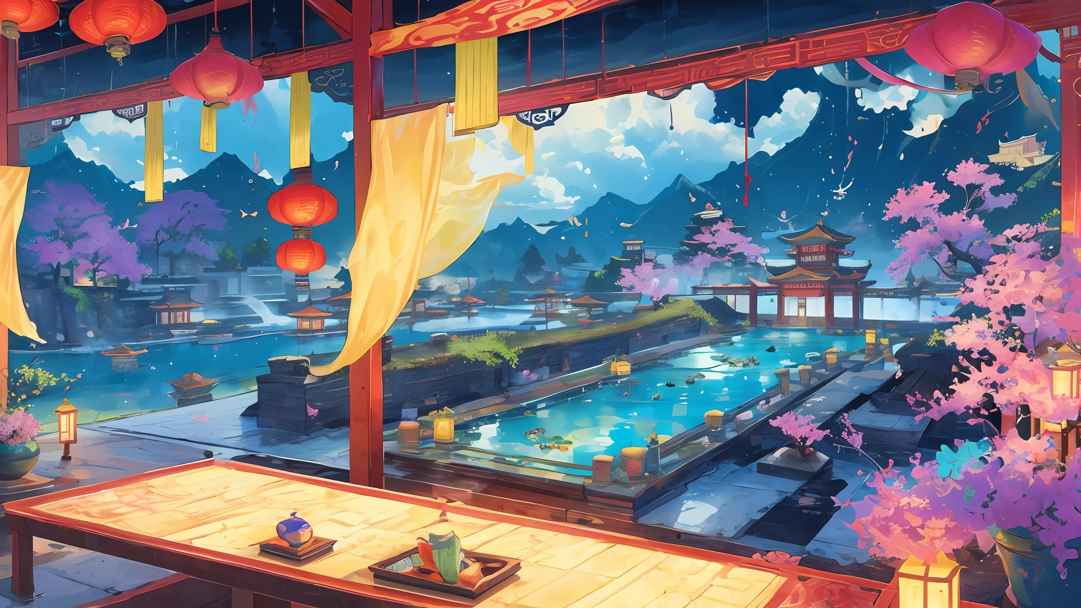 Game scene, ancient Chinese architecture, several floating islands connected in the air, colorful streamers, clouds and mist, majestic, glazed tiles, Buddha statues, brilliant colors, hot springs, lotus, water vapor ((color ink)), ((splash ink)), ((splash ink)), Masterpiece, high quality, beautiful graphics, high detail