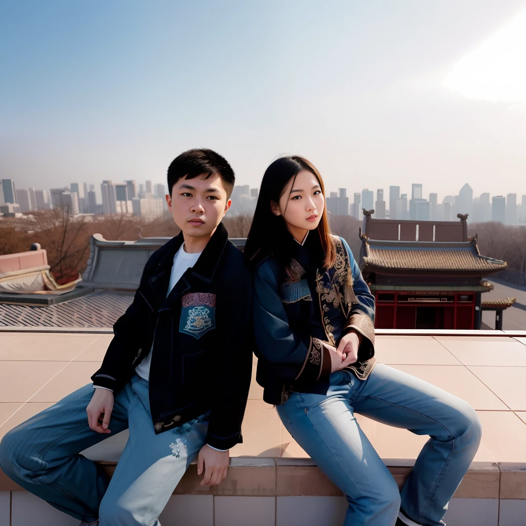 they are sitting on a ledge together in front of a city, ruan jia and fenghua zhong, children, golden hour in beijing, beijing, inspired by Zhang Zeduan, mu pan, sha xi, wu liu, cover photo portrait of du juan, ruan jian, wei wang, gemma chen, taken with kodak portra, kids