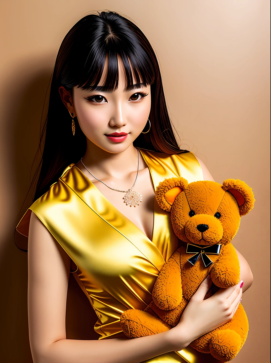 Fashion model photoshoot, bright backlight, yellow silk top with lotus pattern on fabric, medium shot, beautiful Chinese model with fair skin, silver necklace, holding a brown teddy dog, real dog, realistic hair, Simple background, high texture, professional studio lighting