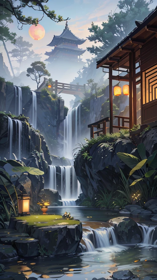 9:16 Full picture, ancient Chinese architecture, hazy moon, night, garden, bamboo, lake, stone bridge, rockery, arch, corner, rockery, tree, running water, landscape, outdoor, waterfall, grass, rock, water lily, hot spring , Water Vapor, (Illustration: 1.0), Epic Composition, Detail Enhancement, Detail Enhancement. Realistic lighting, HD details, masterpiece, best quality, (very detailed CG unity 8k wallpaper), (best quality)