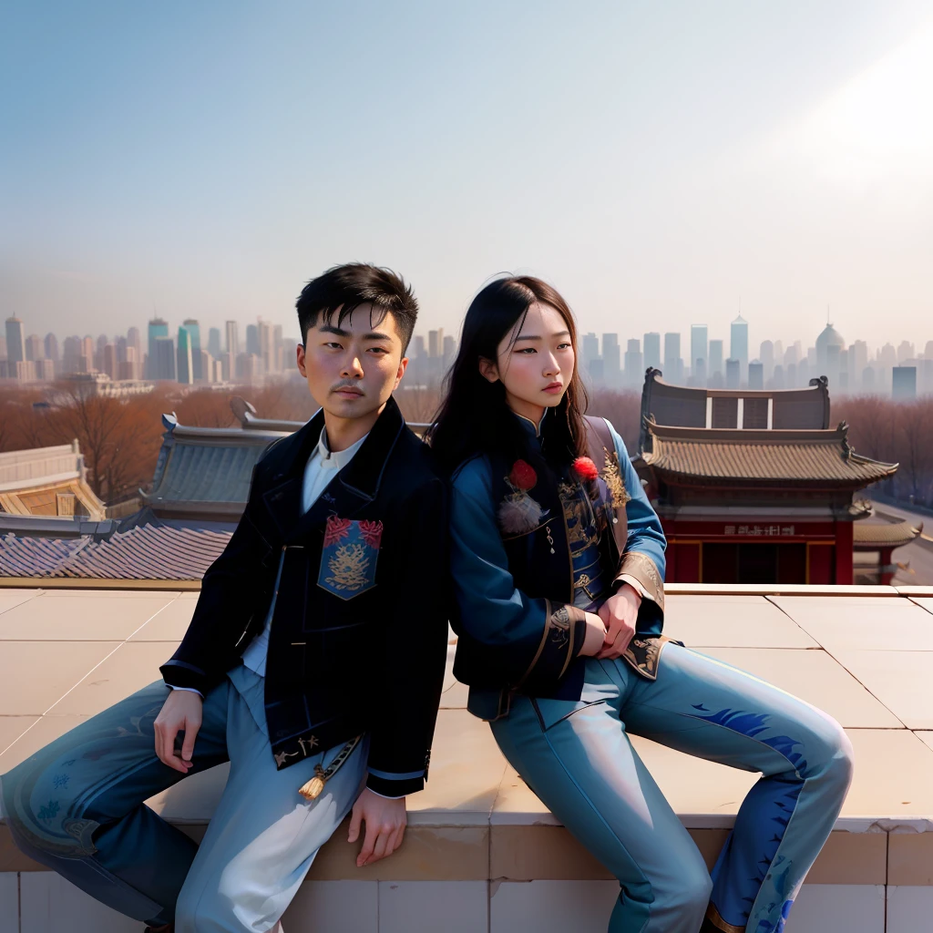 they are sitting on a ledge with a city in the background, ruan jia and fenghua zhong, golden hour in beijing, james jean and fenghua zhong, ruan jia and brom, ruan jian, cover photo portrait of du juan, inspired by Wang Yi, sha xi, wu liu, inspired by Zhang Zongcang