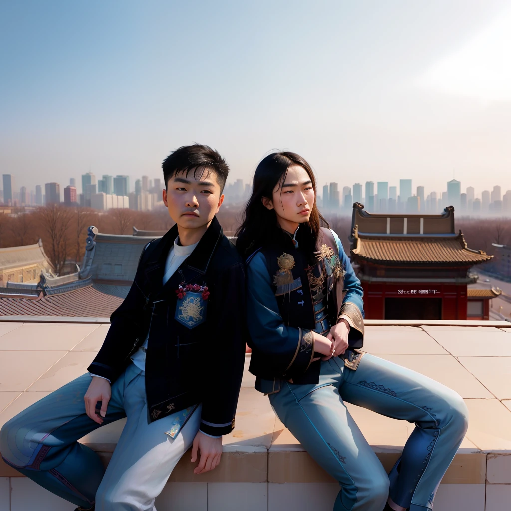 they are sitting on a ledge with a city in the background, ruan jia and fenghua zhong, golden hour in beijing, james jean and fenghua zhong, ruan jia and brom, ruan jian, cover photo portrait of du juan, inspired by Wang Yi, sha xi, wu liu, inspired by Zhang Zongcang