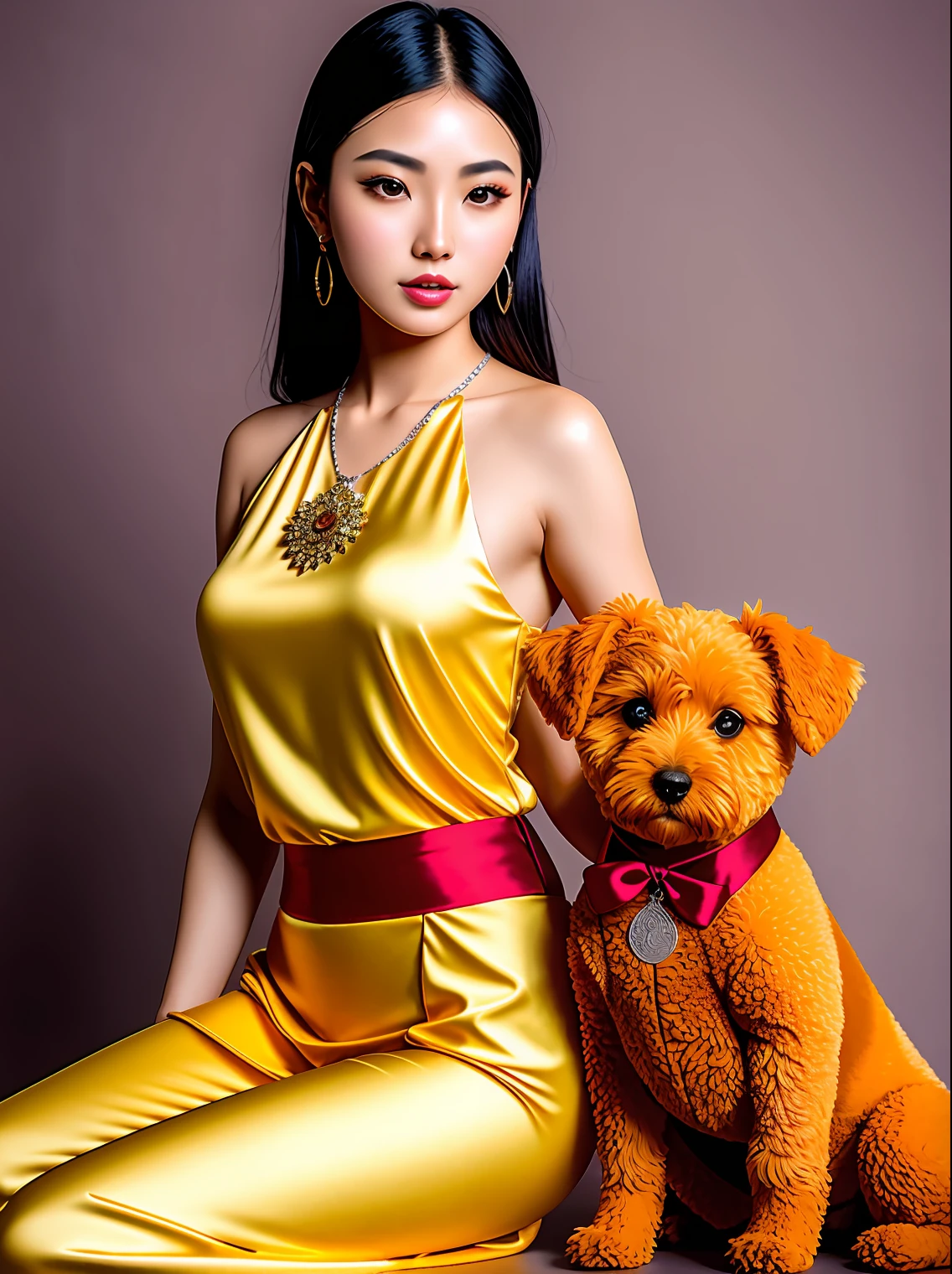Fashion model photography, colorful backlight, yellow silk top with red lotus pattern on the fabric, middle ground, beautiful Chinese model, fair skin, silver necklace, holding a brown teddy dog, real dog, super real , simple background, high texture, studio professional lighting