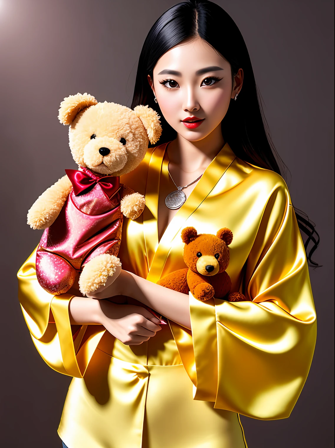 Fashion model photography, bright backlight, yellow silk blouse with red lotus pattern on the fabric, middle ground, beautiful Chinese model, fair skin, silver necklace, holding a brown teddy dog, real dog, super real , real, authentic, minimalist background, high texture, professional studio lighting