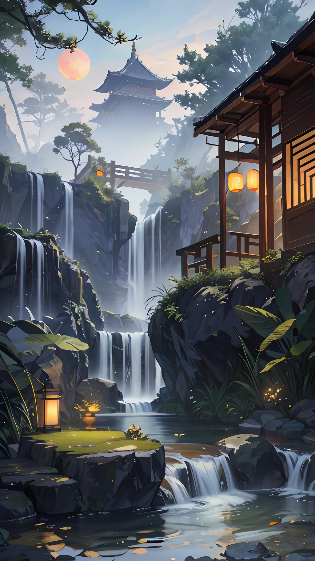 9:16 Full picture, ancient Chinese architecture, hazy moon, night, garden, bamboo, lake, stone bridge, rockery, arch, corner, rockery, tree, running water, landscape, outdoor, waterfall, grass, rock, water lily, hot spring , Water Vapor, (Illustration: 1.0), Epic Composition, Detail Enhancement, Detail Enhancement. Realistic lighting, HD details, masterpiece, best quality, (very detailed CG unity 8k wallpaper), (best quality)