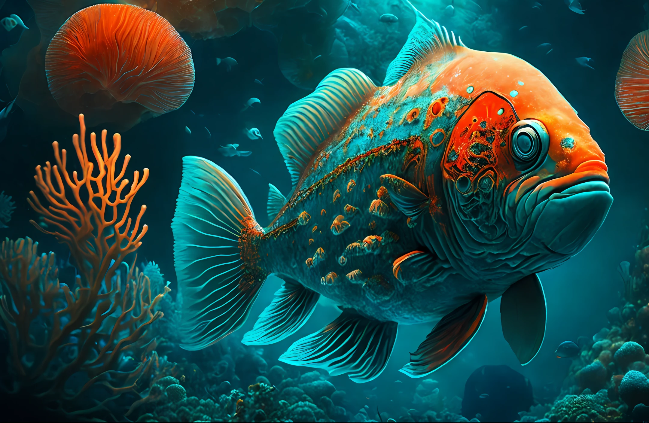 Deep sea, weird and scary mechanical fish, colorful coral group, darkness, sea life, movie, cover