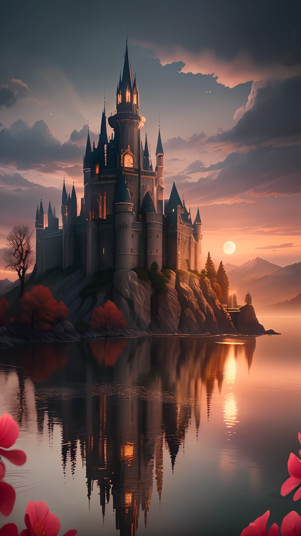 Masterpiece, best quality, high quality, extremely detailed CG unity 8k wallpaper, landscape, outdoor, sky, clouds, dusk, no humans, castle, gothic, mountain, landscape, water, tree, blood moon, waterfall, Cliffs, Nature, Lakes, Rivers, Cloudy Sky, Award Winning Photography, Bokeh, Depth of Field, HDR, Blooming, Chromatic Aberration, Photorealistic, Very Detailed, Intricate, High Detail, Dramatic, Castlevania,