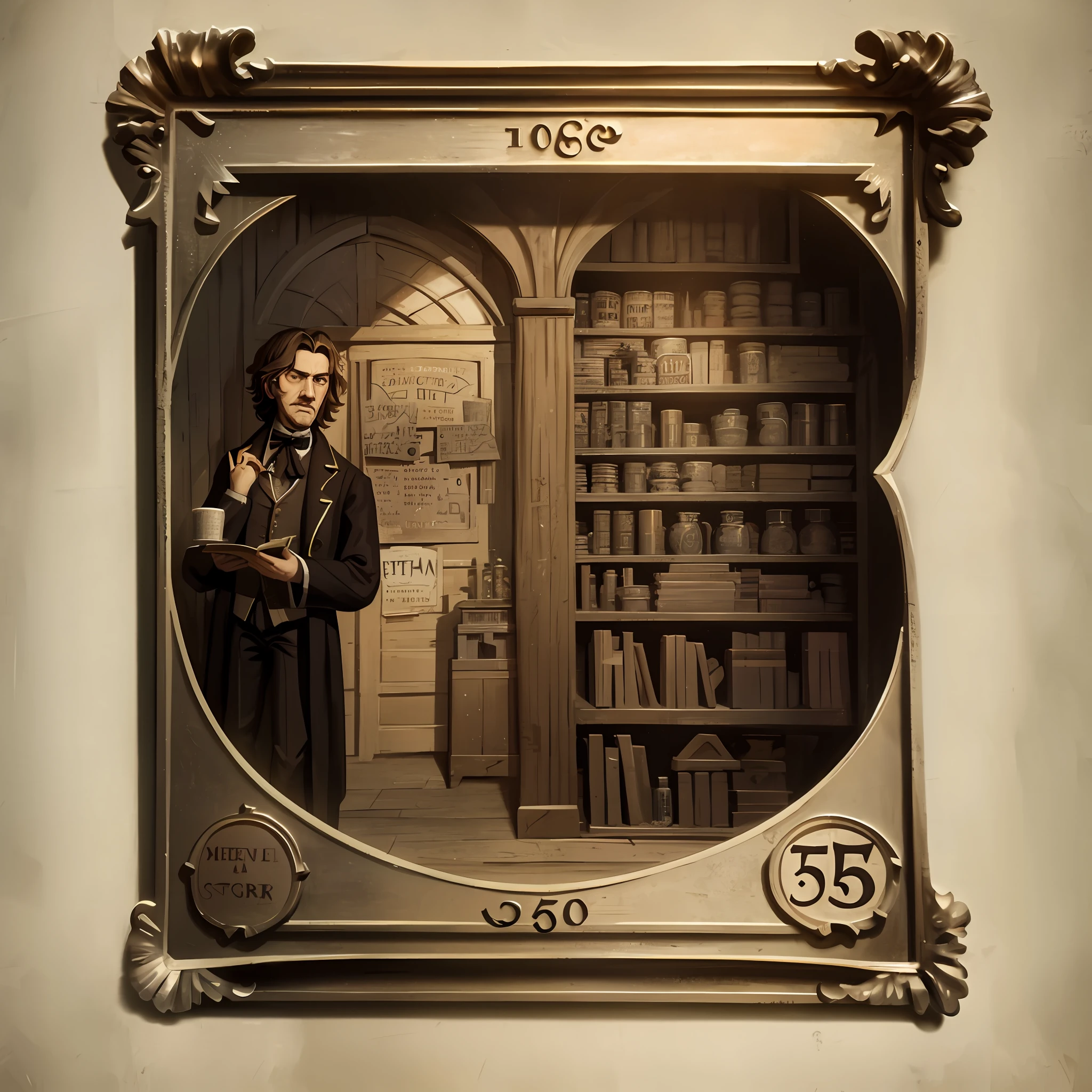 1860s historical setting store sign, harry potter, textured, maximum_detail, peltate plate