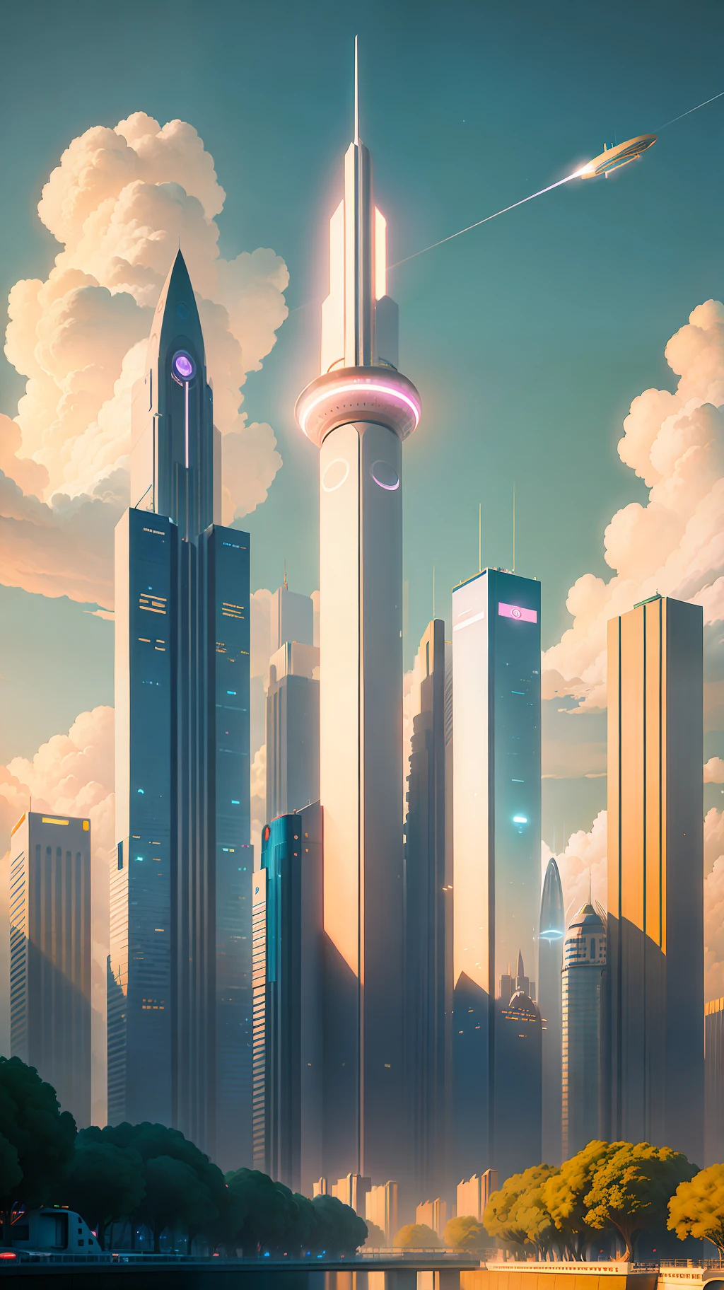 City skyline view with lake and park, illustration by Cha Shibiao, shutterstock, Art Nouveau, Shenzhen, Shenzhen, Shenzhen. Guangjian, the ultra-wide view of the urban landscape, the sci-fi buildings that break through the imagination, all buildings have a sense of technology and are full of technology. A sci-fi blockbuster with a sense of sight. There are flying saucers and spaceships looming in the sky. Architecture combined with lighting. Neon building. Beautiful city of the future, beautiful cityscape, tech city background, Hou porcelain, with a city in the background. Inspired by Makoto Shinkai's popular concept art and masterpieces on pixiv, vision (wide angle lens), super high resolution (fidelity: 1.4), super high quality, extremely detailed CG Unity 8k wallpapers, aesthetics, award winning photography, real High Detail, Detail Enhancement, Blur Removal, Intricacy, Traveling Art. Visually stunning. Beautiful future city, beautiful city, dream land of Chinese people, pexels, blue hour photography, Chinese dreamland, spectacular clouds, fantasy clouds.