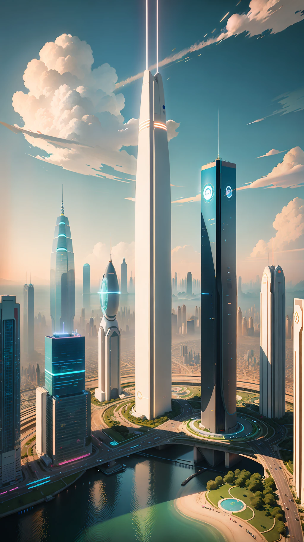 City skyline view with lake and park, illustration by Cha Shibiao, shutterstock, Art Nouveau, Shenzhen, Shenzhen, Shenzhen. Guangjian, the ultra-wide view of the urban landscape, the sci-fi buildings that break through the imagination, all buildings have a sense of technology and are full of technology. A sci-fi blockbuster with a sense of sight. There are flying saucers and spaceships looming in the sky. Architecture combined with lighting. Neon building. Beautiful city of the future, beautiful cityscape, tech city background, Hou porcelain, with a city in the background. Inspired by Makoto Shinkai&#39;s popular concept art and masterpieces on pixiv, vision (wide angle lens), super high resolution (fidelity: 1.4), super high quality, extremely detailed CG Unity 8k wallpapers, aesthetics, award winning photography, real High Detail, Detail Enhancement, Blur Removal, Intricacy, Traveling Art. Visually stunning. Beautiful future city, beautiful city, dream land of Chinese people, pexels, blue hour photography, Chinese dreamland, spectacular clouds, fantasy clouds.