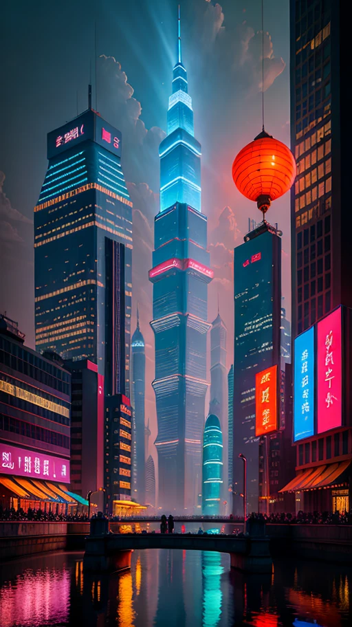 Night city skyline view, bright lights, Shanghai city, Shanghai, Chinese new year in Shanghai, beautiful futuristic city, neon big city in the background, brightly lit buildings, interesting backdrop, vibrant city lights, hou china , neon city in background, beautiful city, dream land of Chinese people, skyline show, photo from China, beautiful cityscape, futuristic cityscape, pexels, blue hour photography, skyline show, hou china , city at night, skyline, from china, trends, trends, Chinese dream, spectacular clouds, fantasy clouds. Partially looking to the left, around the city, Shanghai Lujiazui. Chinese Architecture, Jia Ruan, Ruan Jia. The bustling technology building is beyond imagination. Inspired by Makoto Shinkai&#39;s popular concept art and masterpieces on pixiv, vision (wide angle lens), super high resolution (fidelity: 1.4), super high quality, detail enhancement. Extremely detailed CG Unity 8k wallpapers, aesthetics, award winning photography, photorealistic, high detail, intricate, art of travel, realistic 3D animation style, landscape concept art, super high resolution (photorealistic: 1.4), aesthetics, focus, High quality, vibrant colors, stunning reflections, crystal clear water, award winning cinematography, 3D lighting and beautiful cinematic lighting. Rich details.