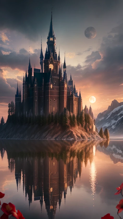 Masterpiece, best quality, high quality, extremely detailed CG unity 8k wallpaper, landscape, outdoor, sky, clouds, dusk, no humans, castle, gothic, mountain, landscape, water, tree, blood moon, waterfall, Cliffs, Nature, Lakes, Rivers, Cloudy Sky, Award Winning Photography, Bokeh, Depth of Field, HDR, Blooming, Chromatic Aberration, Photorealistic, Very Detailed, Intricate, High Detail, Dramatic, Castlevania,