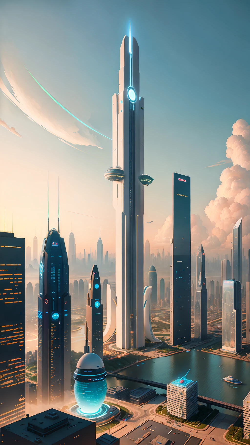 City skyline view with lake and park, illustration by Cha Shibiao, shutterstock, Art Nouveau, Shenzhen, Shenzhen, Shenzhen. Guangjian, the ultra-wide view of the urban landscape, the sci-fi buildings that break through the imagination, all buildings have a sense of technology and are full of technology. A sci-fi blockbuster with a sense of sight. There are flying saucers and spaceships looming in the sky. Architecture combined with lighting. Neon building. Beautiful city of the future, beautiful cityscape, tech city background, Hou porcelain, with a city in the background. Inspired by Makoto Shinkai&#39;s popular concept art and masterpieces on pixiv, vision (wide angle lens), super high resolution (fidelity: 1.4), super high quality, extremely detailed CG Unity 8k wallpapers, aesthetics, award winning photography, real High Detail, Detail Enhancement, Blur Removal, Intricacy, Traveling Art. Visually stunning. Beautiful future city, beautiful city, dream land of Chinese people, pexels, blue hour photography, Chinese dreamland, spectacular clouds, fantasy clouds.