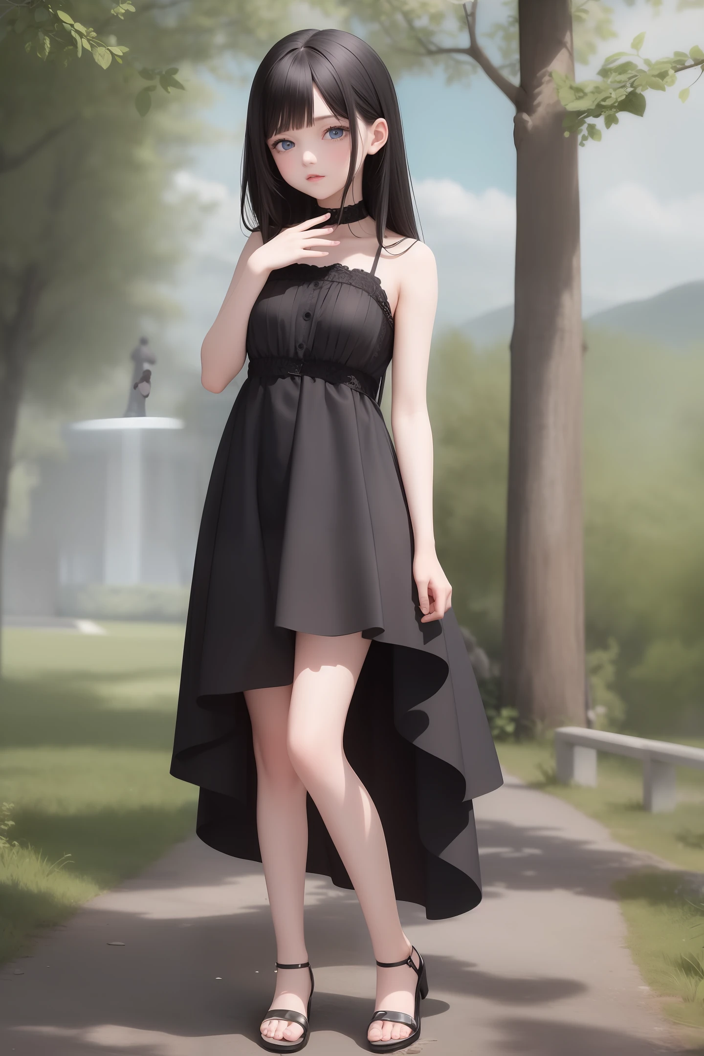 best quality, masterpiece,black hair , cloudy hair, blue eyes,full body,cute