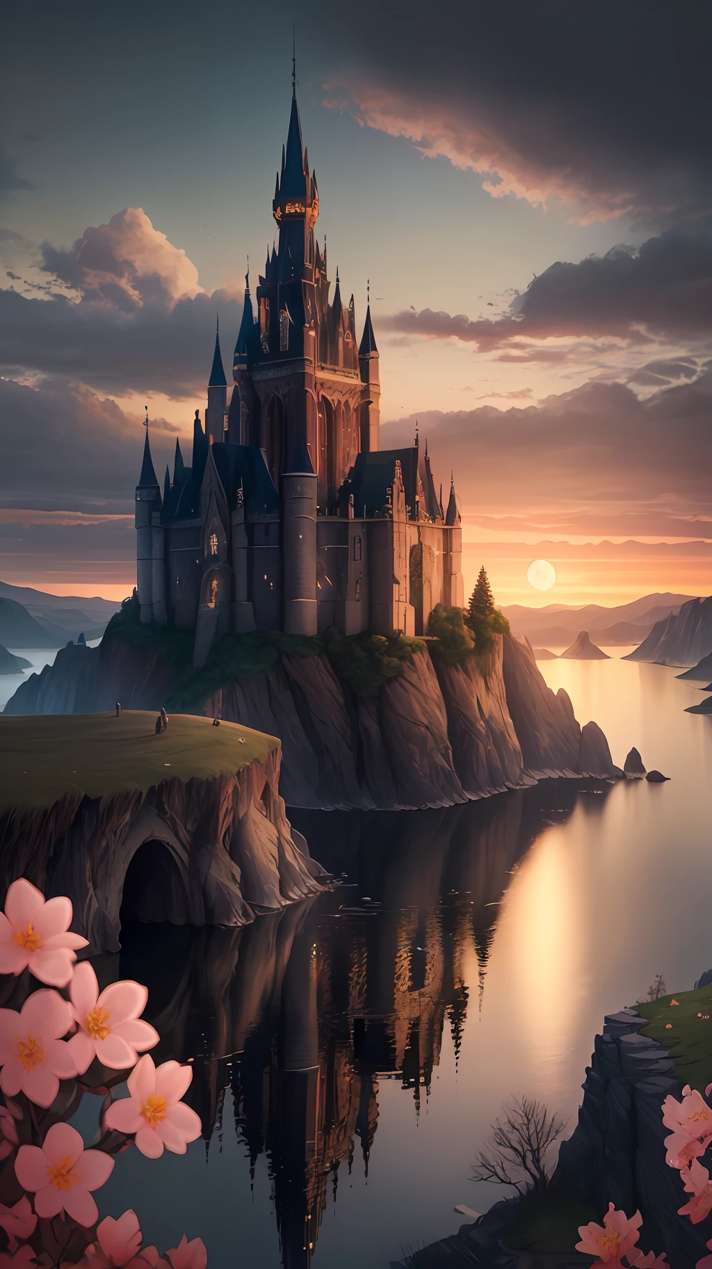 Masterpiece, best quality, high quality, extremely detailed CG unity 8k wallpaper, landscape, outdoor, sky, clouds, dusk, no humans, castle, gothic, mountain, landscape, water, tree, blood moon, waterfall, Cliffs, Nature, Lakes, Rivers, Cloudy Sky, Award Winning Photography, Bokeh, Depth of Field, HDR, Blooming, Chromatic Aberration, Photorealistic, Very Detailed, Intricate, High Detail, Dramatic, Castlevania,