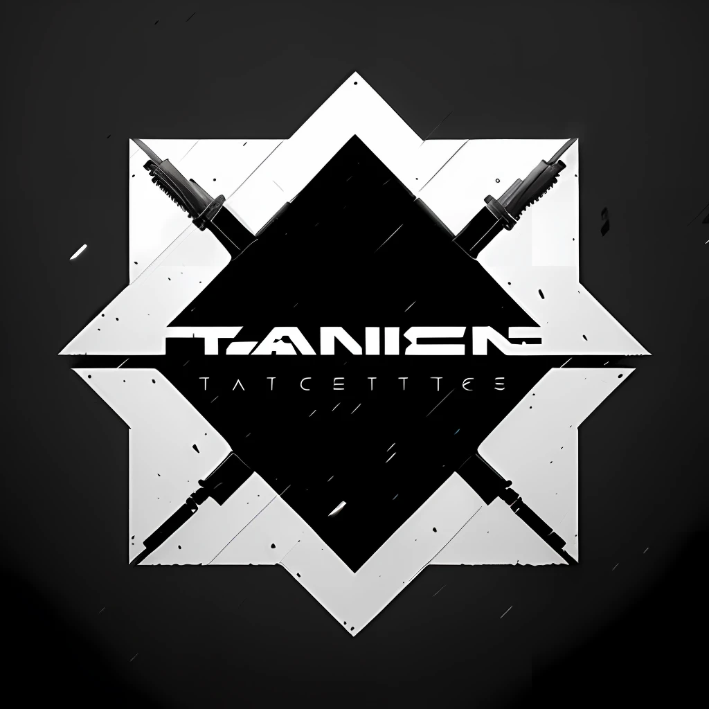 Logo, black and white logo with triangle and word taro tactical innovations, weapon, blade runner, tactics, trade authority, future technology, 8k image quality, simpler lines, separation of text and graphics, rich imagery, main design, Detail, high quality graphics, pure black background, black and white images, no gradients, rifles and &quot;Taran Tactics&quot; provide a great contrast between black and white. Weapon brands, tactical equipment, ammunition companies, energy, trends, letters and weapon elements emphasize branding, dynamism and rebellious spirit. Keep it simple and avoid too many details. , easily recognizable logo, graphic elements (firearms), colors (black and white), font style (modern, powerful), layout (central placement) and overall design style (minimalist black and white with no shadows), pure black and white, no shadows