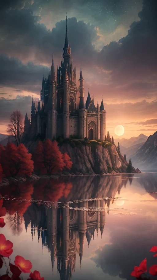 Masterpiece, best quality, high quality, extremely detailed CG unity 8k wallpapers, landscapes, perfect reflections, stunning water surfaces. outdoor, sky, clouds, dusk, no humans, castle, gothic, mountains, landscape, water, trees, blood moon, waterfall, cliff, nature, lake, river, cloudy sky, award photography, bokeh, depth of field , HDR, Bloom, Chromatic Aberration, Photorealistic, Very Detailed, Intricate, High Detail, Dramatic, Castlevania,