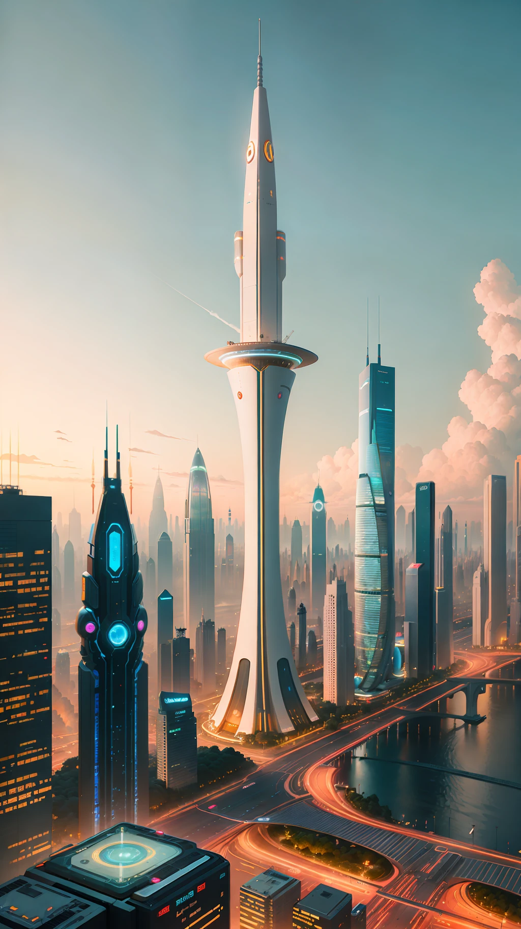 City skyline view with lake and park, illustration by Cha Shibiao, shutterstock, Art Nouveau, Shenzhen, Shenzhen, Shenzhen. Guangjian, the ultra-wide view of the urban landscape, the sci-fi buildings that break through the imagination, all buildings have a sense of technology and are full of technology. A sci-fi blockbuster with a sense of sight. There are flying saucers and spaceships looming in the sky. Architecture combined with lighting. Neon building. Beautiful city of the future, beautiful cityscape, tech city background, Hou porcelain, with a city in the background. Inspired by Makoto Shinkai's popular concept art and masterpieces on pixiv, vision (wide angle lens), super high resolution (fidelity: 1.4), super high quality, extremely detailed CG Unity 8k wallpapers, aesthetics, award winning photography, real High Detail, Detail Enhancement, Blur Removal, Intricacy, Traveling Art. Visually stunning. Beautiful future city, beautiful city, dream land of Chinese people, pexels, blue hour photography, Chinese dreamland, spectacular clouds, fantasy clouds.