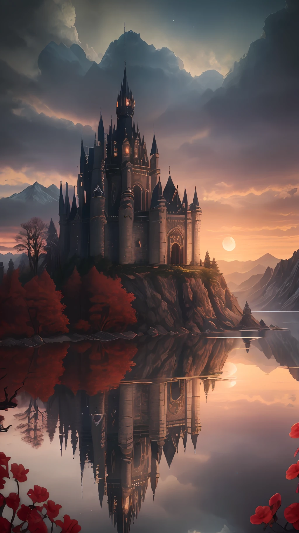 Masterpiece, best quality, high quality, extremely detailed CG unity 8k wallpapers, landscapes, perfect reflections, stunning water surfaces. outdoor, sky, clouds, dusk, no humans, castle, gothic, mountains, landscape, water, trees, blood moon, waterfall, cliff, nature, lake, river, cloudy sky, award photography, bokeh, depth of field , HDR, Bloom, Chromatic Aberration, Photorealistic, Very Detailed, Intricate, High Detail, Dramatic, Castlevania,