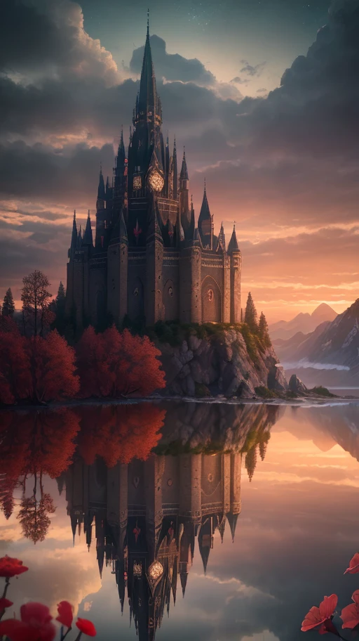 Masterpiece, best quality, high quality, extremely detailed CG unity 8k wallpapers, landscapes, perfect reflections, stunning water surfaces. outdoors, sky, clouds, dusk, no humans, castle, gothic, mountains, landscape, water, trees, blood moon, waterfall, cliffs, nature, lake, river, cloudy sky, detail enhancement, detail enhancement, no flaw. Award Winning Photography, Bokeh, Depth of Field, HDR, Bloom, Chromatic Aberration, Photorealism, Highly Detailed, Intricate, High Detail, Dramatic, Castlevania,