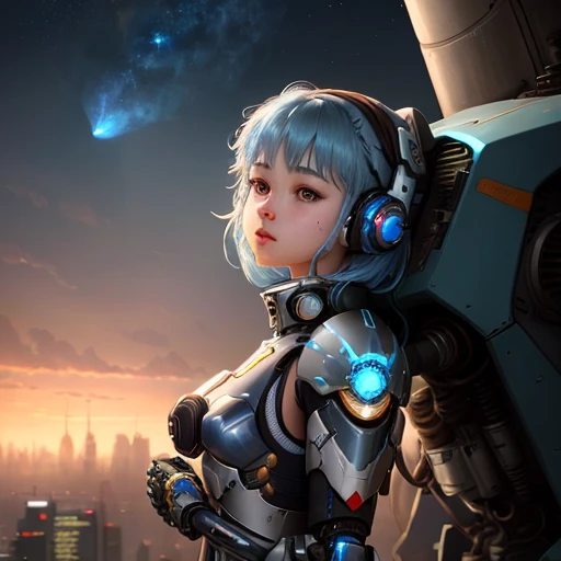 best quality ,masterpiece, illustration, an extremely delicate and beautiful, extremely detailed ,CG ,unity ,8k wallpaper, Amazing, finely detail, masterpiece,best quality,official art,extremely detailed CG unity 8k wallpaper,absurdres, incredibly absurdres, ultra-detailed, highres, extremely detailed,beautiful detailed girl, light on face, 1 girl, (full body), mecha, armor, mechanical_body, blue hair, city, cyberpunk, star_sky,