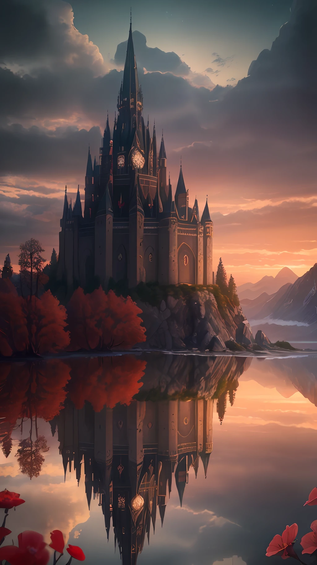 Masterpiece, best quality, high quality, extremely detailed CG unity 8k wallpapers, landscapes, perfect reflections, stunning water surfaces. outdoors, sky, clouds, dusk, no humans, castle, gothic, mountains, landscape, water, trees, blood moon, waterfall, cliffs, nature, lake, river, cloudy sky, detail enhancement, detail enhancement, no flaw. Award Winning Photography, Bokeh, Depth of Field, HDR, Bloom, Chromatic Aberration, Photorealism, Highly Detailed, Intricate, High Detail, Dramatic, Castlevania,