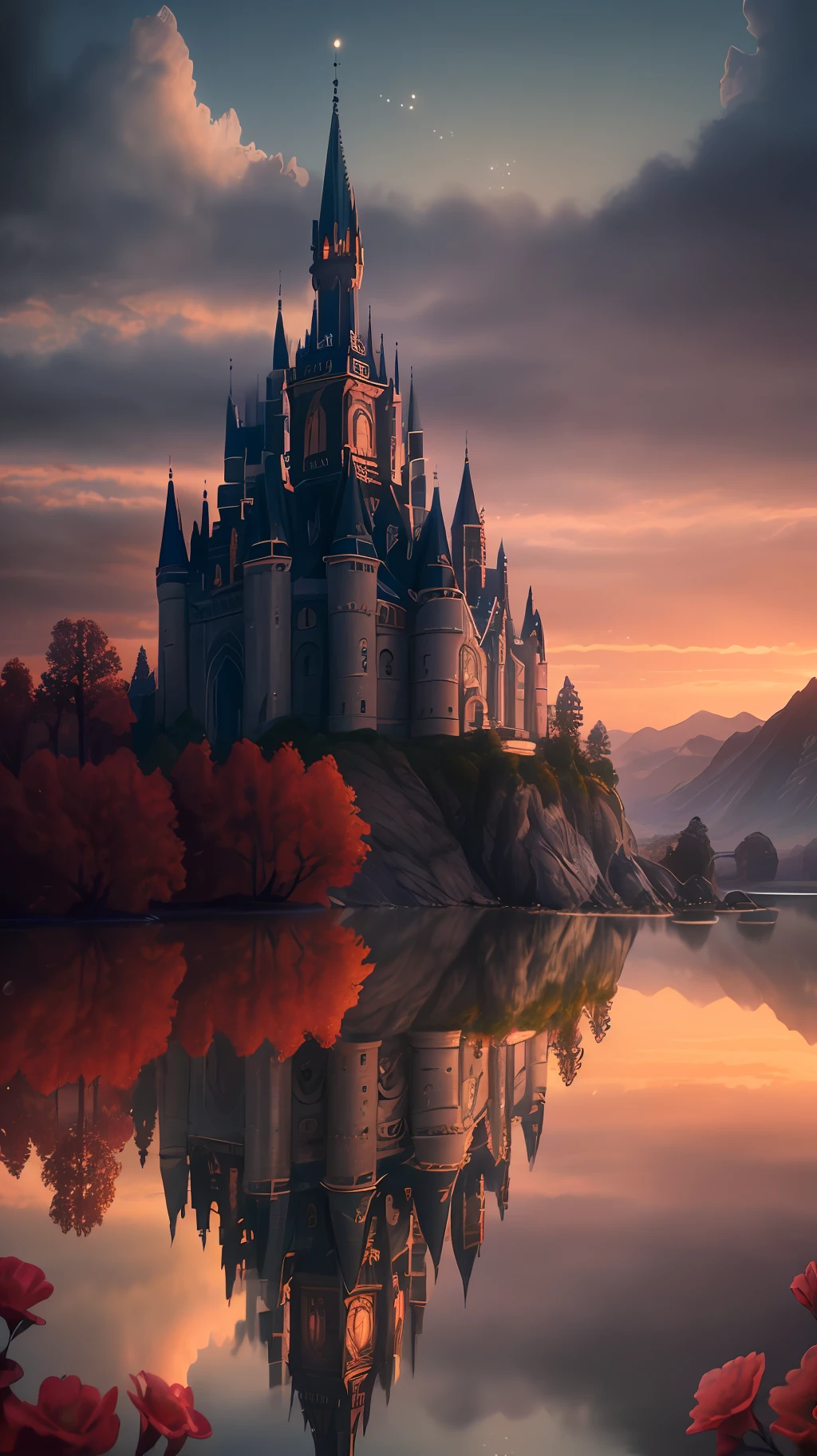 Masterpiece, best quality, high quality, extremely detailed CG unity 8k wallpapers, landscapes, perfect reflections, stunning water surfaces. outdoors, sky, clouds, dusk, no humans, castle, gothic, mountains, landscape, water, trees, blood moon, waterfall, cliffs, nature, lake, river, cloudy sky, detail enhancement, detail enhancement, no flaw. award winning photography, bokeh, depth of field, hdr, bloom, chromatic aberration, photorealism, highly detailed, intricate, high detail, dramatic, magic castle