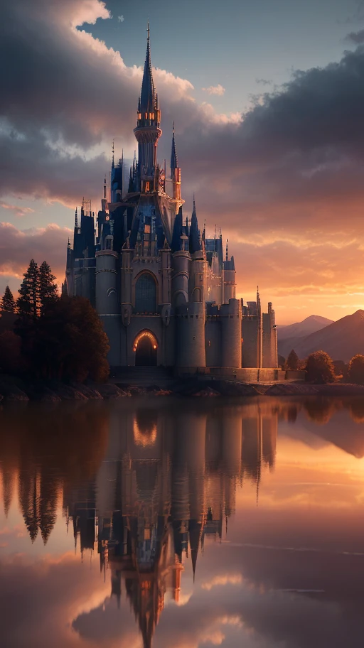Masterpiece, best quality, high quality, extremely detailed CG unity 8k wallpapers, landscapes, perfect reflections, stunning water surfaces. outdoors, sky, clouds, dusk, no humans, castle, gothic, mountains, landscape, water, trees, blood moon, waterfall, cliffs, nature, lake, river, cloudy sky, detail enhancement, detail enhancement, no flaw. award winning photography, bokeh, depth of field, hdr, bloom, chromatic aberration, photorealism, highly detailed, intricate, high detail, dramatic, magic castle