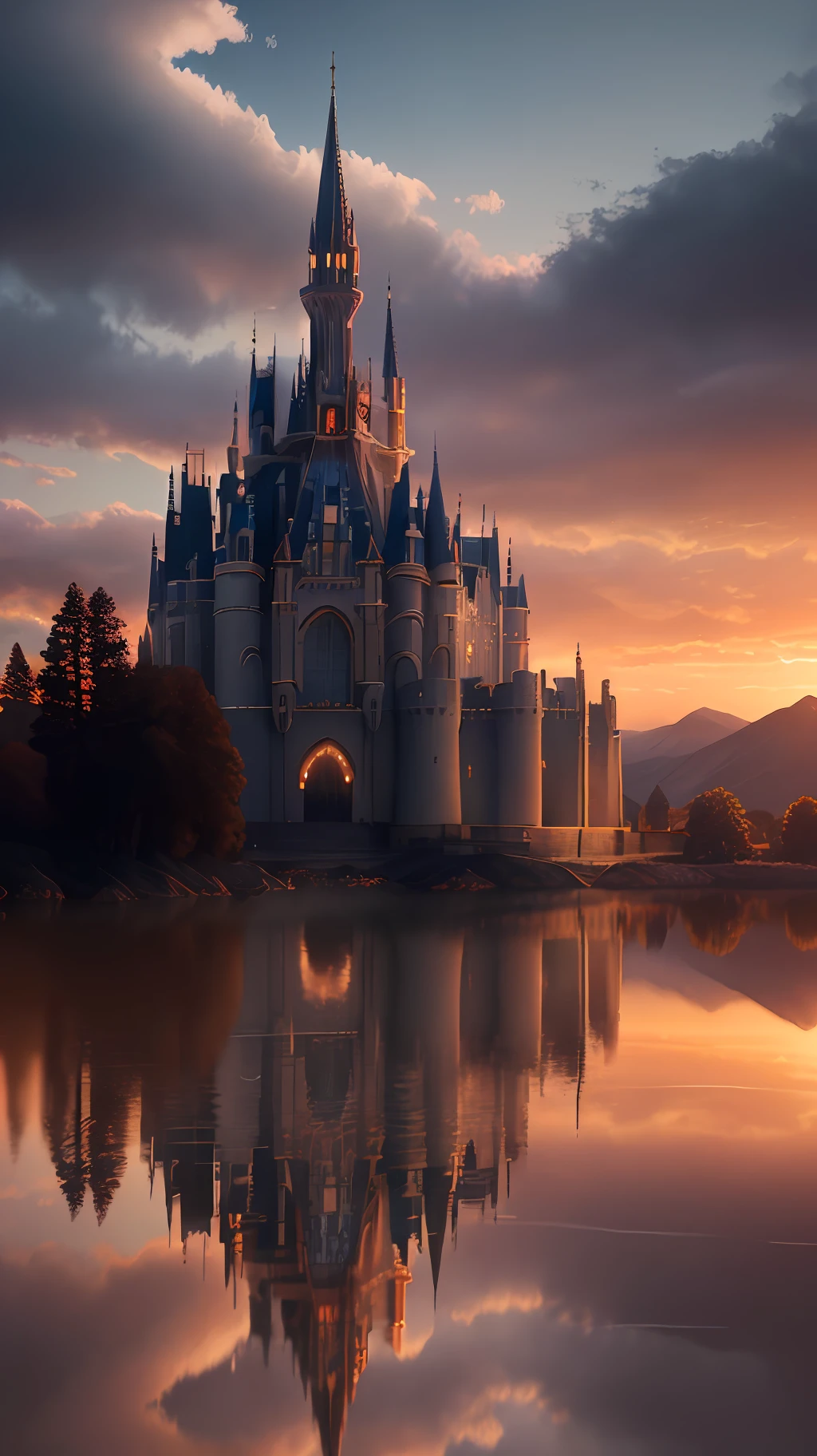 Masterpiece, best quality, high quality, extremely detailed CG unity 8k wallpapers, landscapes, perfect reflections, stunning water surfaces. outdoors, sky, clouds, dusk, no humans, castle, gothic, mountains, landscape, water, trees, blood moon, waterfall, cliffs, nature, lake, river, cloudy sky, detail enhancement, detail enhancement, no flaw. award winning photography, bokeh, depth of field, hdr, bloom, chromatic aberration, photorealism, highly detailed, intricate, high detail, dramatic, magic castle