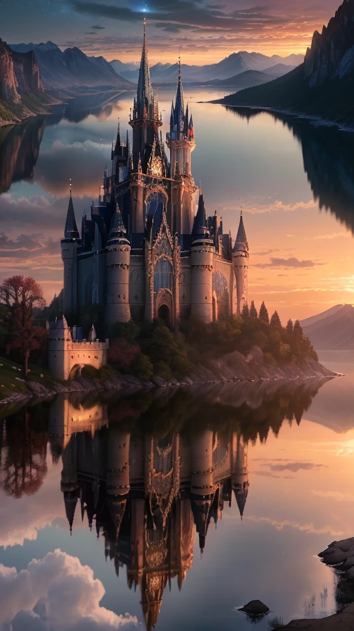 Masterpiece, best quality, high quality, extremely detailed CG unity 8k wallpapers, landscapes, perfect reflections, stunning water surfaces. Outdoors, sky, clouds, dusk, no humans, castle, gothic, visual paradox. Mountains, landscapes, water, trees, blood moons, waterfalls, cliffs, nature, lakes, rivers, cloudy skies, detail enhanced, detail enhanced, flawless. award winning photography, bokeh, depth of field, hdr, bloom, chromatic aberration, photorealism, highly detailed, intricate, high detail, dramatic, magic castle
