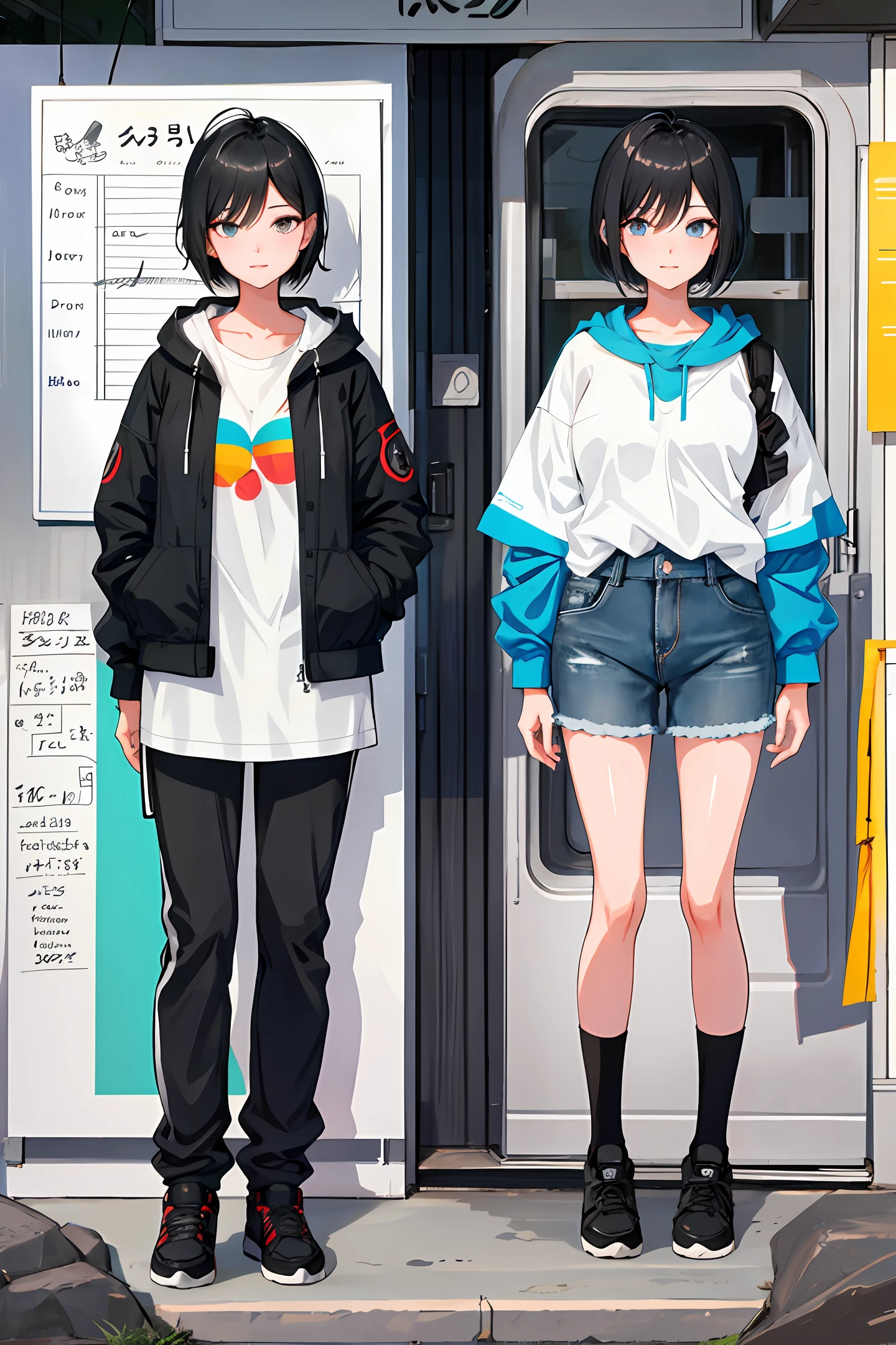 character sheet full body, 20 years old female character, black hair, camping outfit, short hair,(detailed and beautiful),(character sheet , full body),(20 year old|young) female character, black hair, camping outfit, short hair