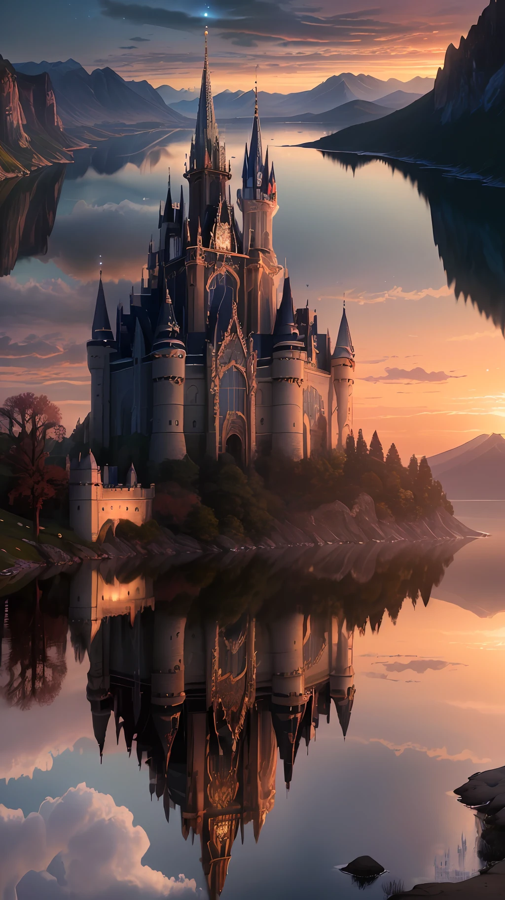Masterpiece, best quality, high quality, extremely detailed CG unity 8k wallpapers, landscapes, perfect reflections, stunning water surfaces. Outdoors, sky, clouds, dusk, no humans, castle, gothic, visual paradox. Mountains, landscapes, water, trees, blood moons, waterfalls, cliffs, nature, lakes, rivers, cloudy skies, detail enhanced, detail enhanced, flawless. award winning photography, bokeh, depth of field, hdr, bloom, chromatic aberration, photorealism, highly detailed, intricate, high detail, dramatic, magic castle
