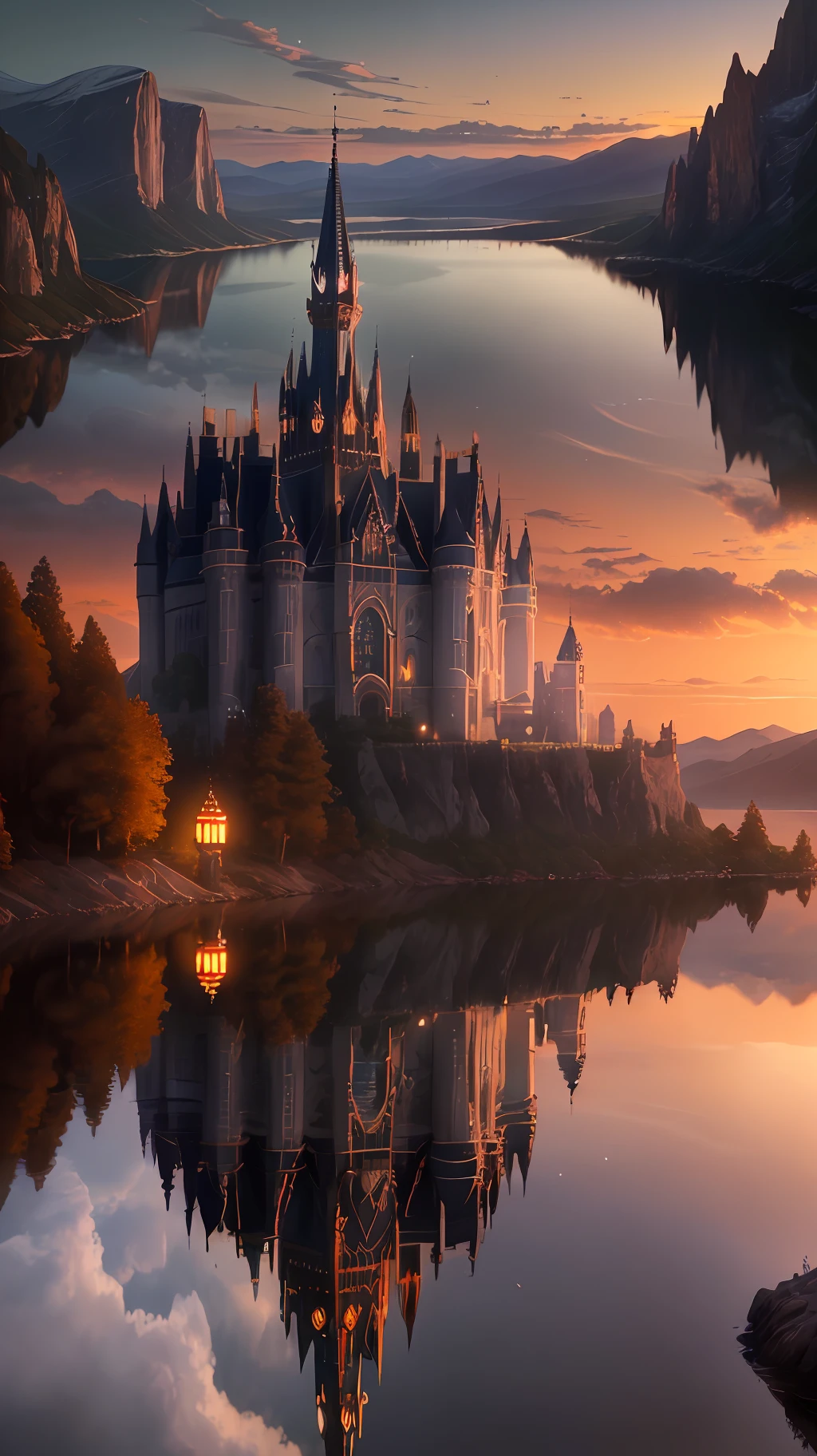 Masterpiece, best quality, high quality, extremely detailed CG unity 8k wallpapers, landscapes, perfect reflections, stunning water surfaces. Outdoors, sky, clouds, dusk, no humans, castle, gothic, visual paradox. Mountains, landscapes, water, trees, blood moons, waterfalls, cliffs, nature, lakes, rivers, cloudy skies, detail enhanced, detail enhanced, flawless. award winning photography, bokeh, depth of field, hdr, bloom, chromatic aberration, photorealism, highly detailed, intricate, high detail, dramatic, magic castle