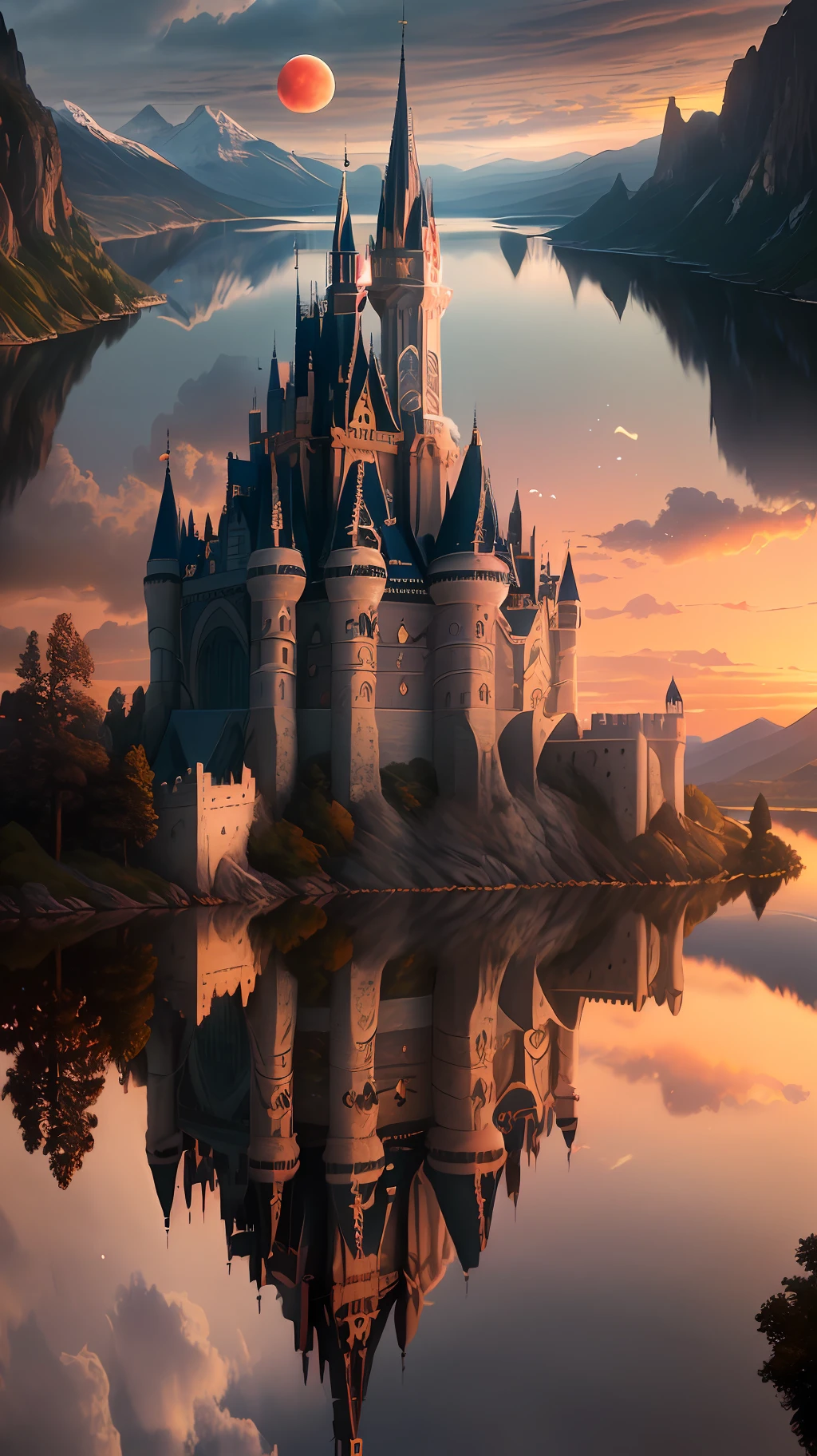 Masterpiece, best quality, high quality, extremely detailed CG unity 8k wallpapers, landscapes, perfect reflections, stunning water surfaces. Outdoors, sky, clouds, dusk, no humans, castle, gothic, visual paradox. Mountains, landscapes, water, trees, blood moons, waterfalls, cliffs, nature, lakes, rivers, cloudy skies, detail enhanced, detail enhanced, flawless. award winning photography, bokeh, depth of field, hdr, bloom, chromatic aberration, photorealism, highly detailed, intricate, high detail, dramatic, magic castle