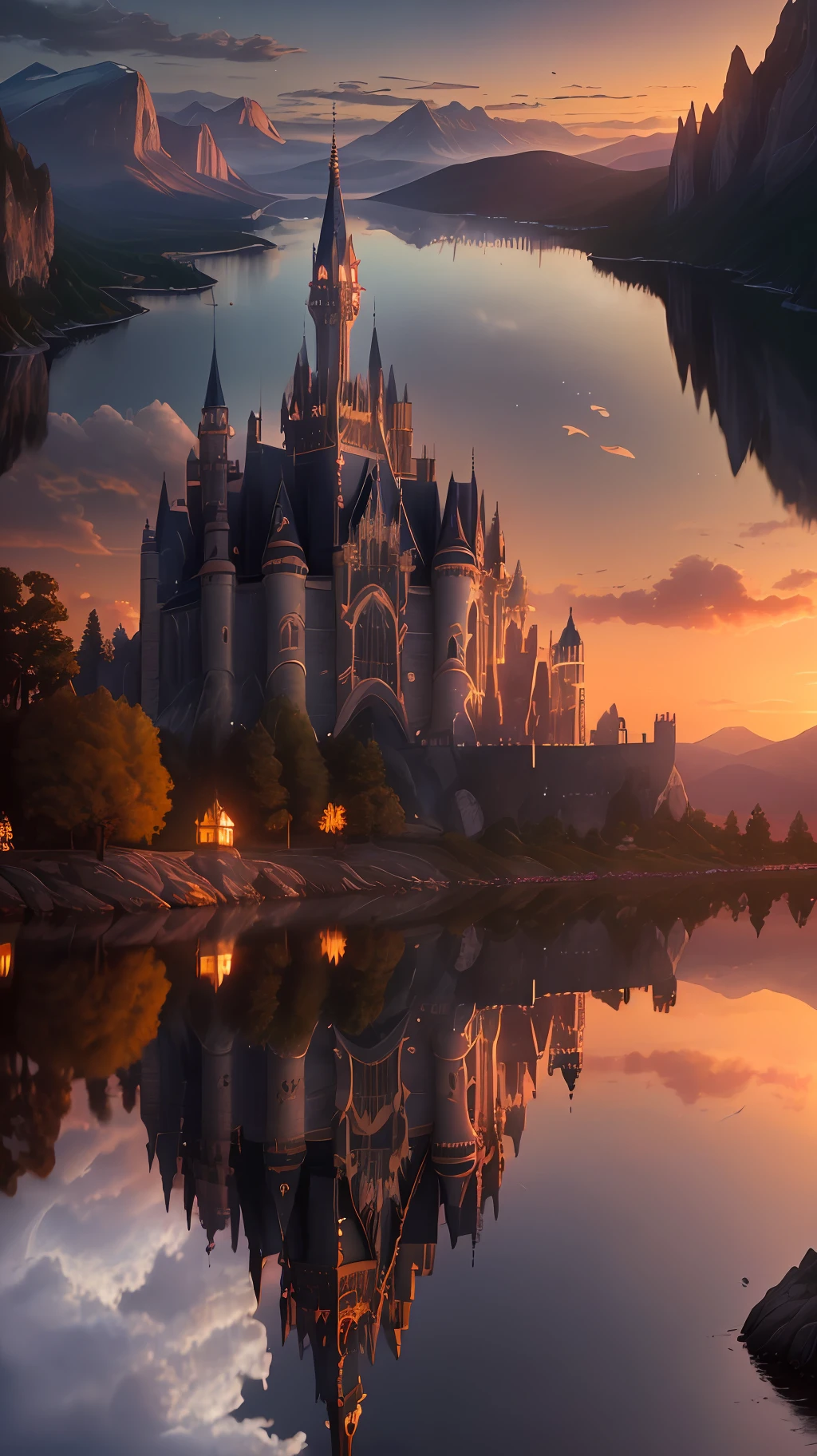 Masterpiece, best quality, high quality, extremely detailed CG unity 8k wallpapers, landscapes, perfect reflections, stunning water surfaces. Outdoors, sky, clouds, dusk, no humans, castle, gothic, visual paradox. Break through the imagination, breathtaking, mountains, landscapes, water, trees, blood moons, waterfalls, cliffs, nature, lakes, rivers, cloudy skies, details enhanced, details enhanced, flawless. award winning photography, bokeh, depth of field, hdr, bloom, chromatic aberration, photorealism, highly detailed, intricate, high detail, dramatic, magic castle