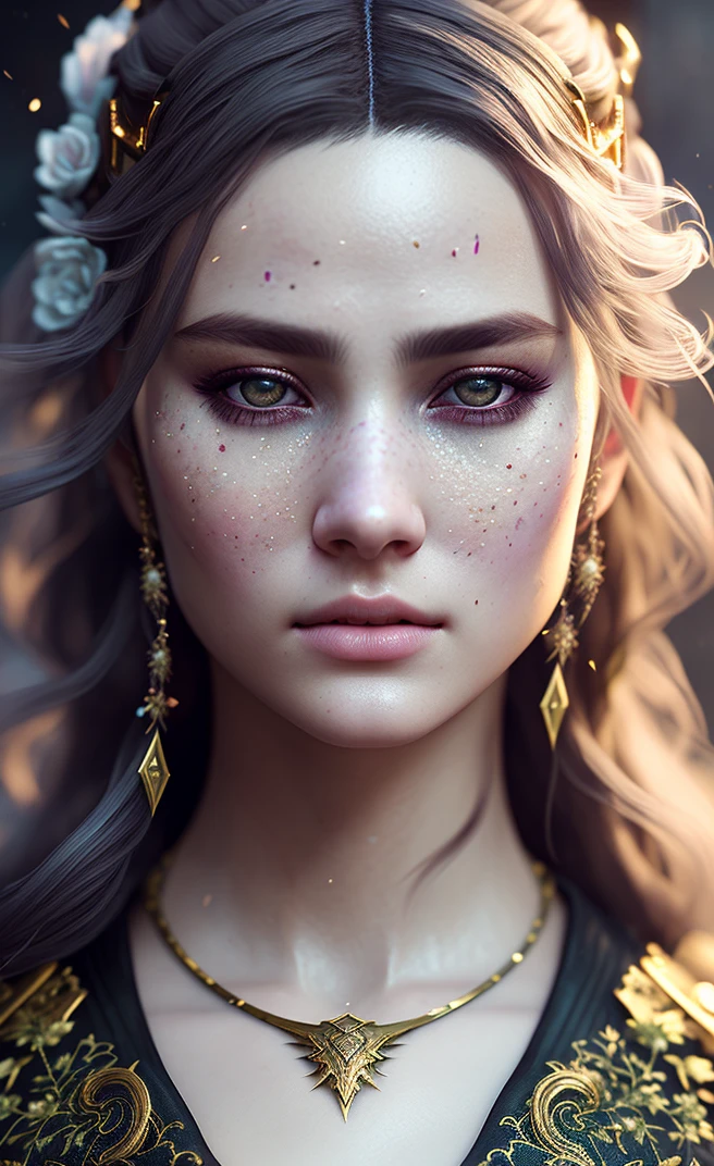 mdjrny-v4 style, realistic cosplay facial portrait painting of a beautiful rpg champion, soft colors, intricate details, fantasy, universe, intricate magic embroidery, very detailed hair, very detailed eyes, tense face,[ elden ring|d &amp;amp; d] rpg portrait, octane rendering, cinematic lighting, (soft shadows: 1.2), close-ups, depth of field
