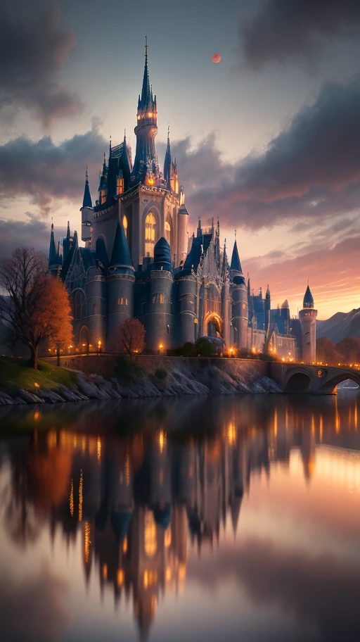 Masterpiece, best quality, high quality, extremely detailed CG unity 8k wallpapers, landscapes, perfect reflections, stunning water surfaces. outdoor, sky, clouds, dusk, no humans, castle, gothic, lights, neon, background light, mountains, landscape, water, trees, blood moon, waterfall, cliff, nature, lake, river, cloudy sky, detail Enhanced, enhanced detail, flawless. award winning photography, bokeh, depth of field, hdr, bloom, chromatic aberration, photorealism, highly detailed, intricate, high detail, dramatic, magic castle