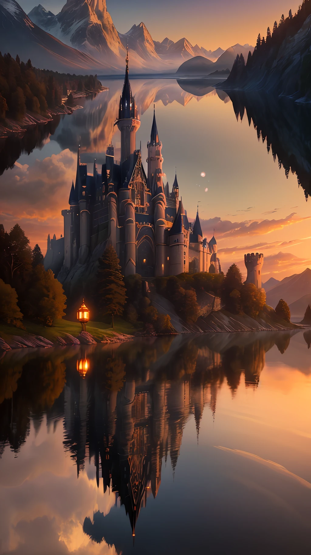 Masterpiece, best quality, high quality, extremely detailed CG unity 8k wallpapers, landscapes, perfect reflections, stunning water surfaces. Outdoors, sky, clouds, dusk, no humans, castles, magnificent castles. visual paradox. Break through the imagination, breathtaking, mountains, landscapes, water, trees, blood moons, waterfalls, cliffs, nature, lakes, rivers, cloudy skies, details enhanced, details enhanced, flawless. award winning photography, bokeh, depth of field, hdr, bloom, chromatic aberration, photorealism, highly detailed, intricate, high detail, dramatic, magic castle