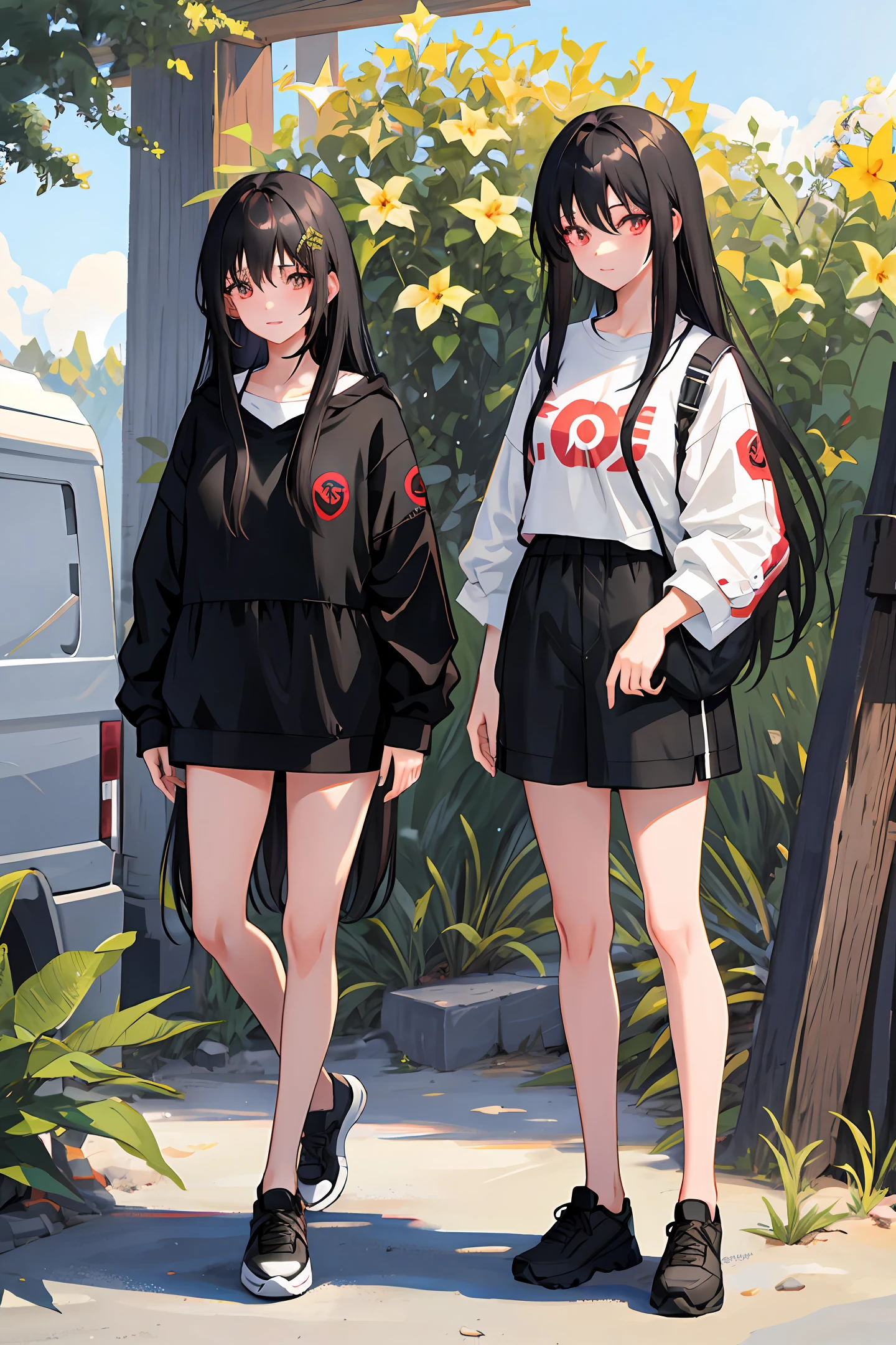 full body, 20 years old female character, black hair, camping outfit, Long hair,(detailed and beautiful),(full body),(20 year old|young) female character, black hair, camping outfit, long hair