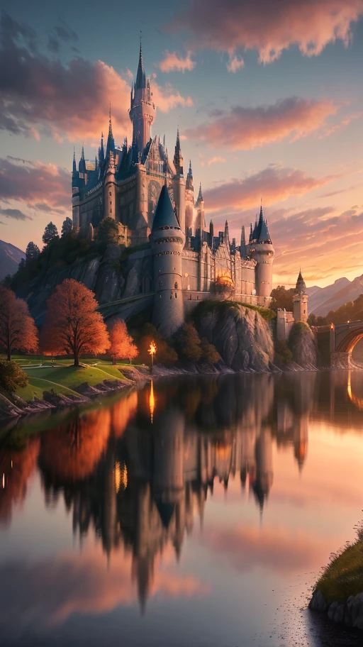 Masterpiece, best quality, high quality, extremely detailed CG unity 8k wallpapers, landscapes, perfect reflections, stunning water surfaces. Outdoors, sky, clouds, dusk, no humans, castles, magnificent castles. visual paradox. Break through the imagination, breathtaking, mountains, landscapes, water, trees, blood moons, waterfalls, cliffs, nature, lakes, rivers, cloudy skies, details enhanced, details enhanced, flawless. award winning photography, bokeh, depth of field, hdr, bloom, chromatic aberration, photorealism, highly detailed, intricate, high detail, dramatic, magic castle