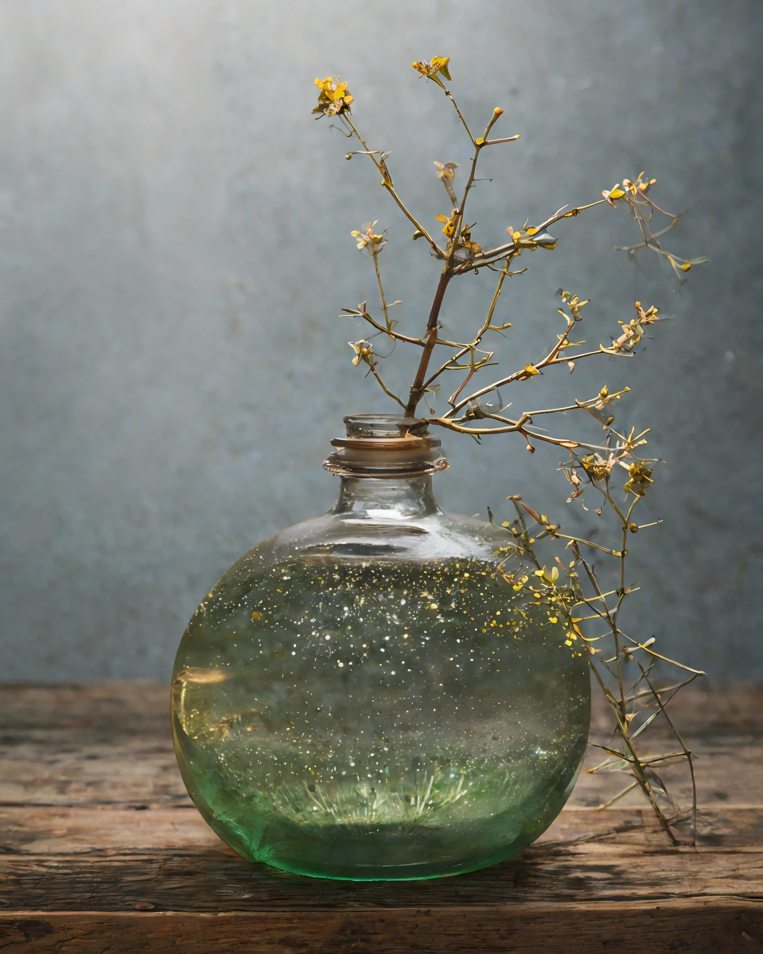 Glass bottle, twigs, small flowers, gray background, wooden table, Tyndall effect, simple image of a dark fantasy film of the 1970s, haze, halo, bloom, dramatic atmosphere, centered, rule of thirds