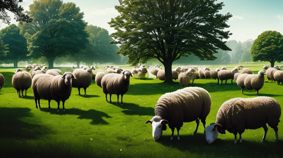 (dark fantasy, realistic) (zombie sheep, green lawn with trees) photo with a professional feel.