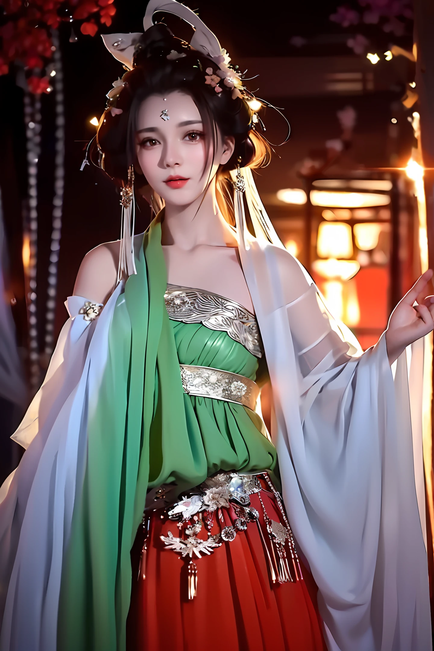 There is a girl in a green dress, plum blossoms, palaces, oriental architecture ray tracing, {best quality}, {{masterpiece}}, extremely detailed 8K wallpaper, {an extremely delicate and beautiful}, colorful, intricately detailed, Realistic, real, camera quality, (detailed depiction of clothes), cool white skin, (detailed depiction of blush), 1080p, sun, soft cuteness, smooth light silver hair, messy beauty, lighting, broken feeling, bright and silky skin , 3D stereoscopic, masterpiece, best quality, super fine illustration, beautiful eyes, very fine light, fine glow, very fine 8K CG wallpaper, peach eyes, red pupils, an extremely delicate and beautiful girl, 8k Wallpaper, best quality, full body close-up, white long dress, luxurious silky bright red chiffon floodlight (magic, glitter, ultra-thin, soft,) Hanfu