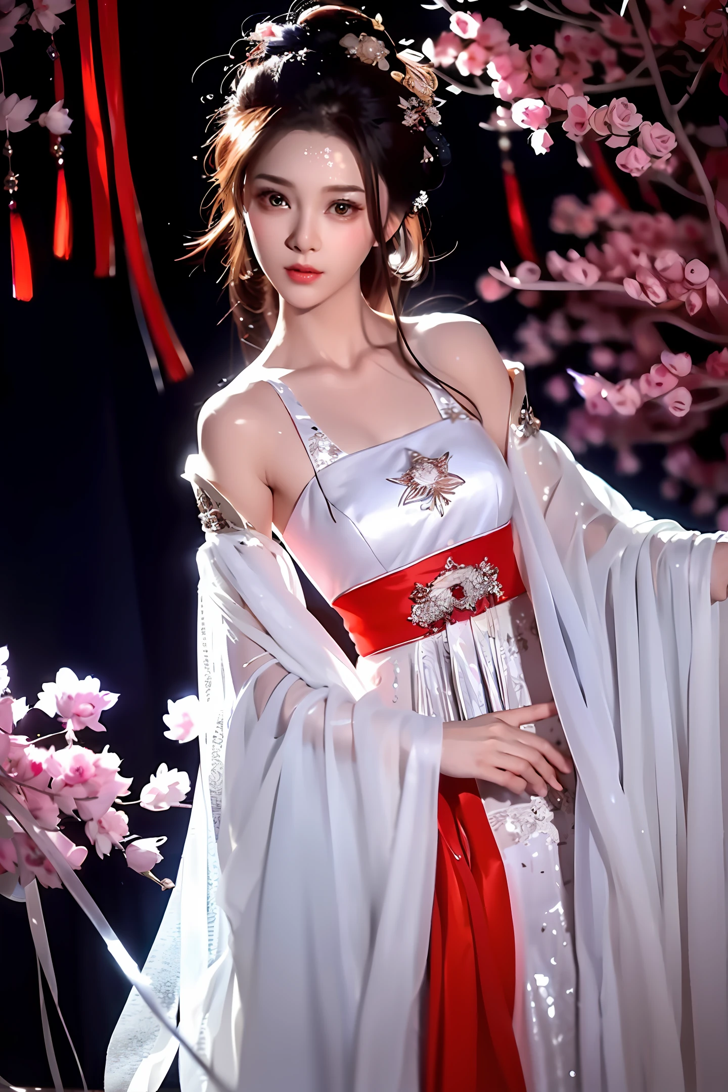 There is a girl in a white dress, plum blossoms, palaces, oriental architecture ray tracing, {best quality}, {{masterpiece}}, extremely detailed 8K wallpaper, {an extremely delicate and beautiful}, colorful, intricately detailed, Realistic, real, camera quality, (detailed depiction of clothes), cool white skin, (detailed depiction of blush), 1080p, sun, soft cuteness, smooth light silver hair, messy beauty, lighting, broken feeling, bright and silky skin , 3D stereoscopic, masterpiece, best quality, super fine illustration, beautiful eyes, very fine light, fine glow, very fine 8K CG wallpaper, peach eyes, red pupils, an extremely delicate and beautiful girl, 8k Wallpaper, best quality, full body close-up, white long dress, luxurious silky bright red chiffon floodlight (magic, glitter, ultra-thin, soft,) Hanfu