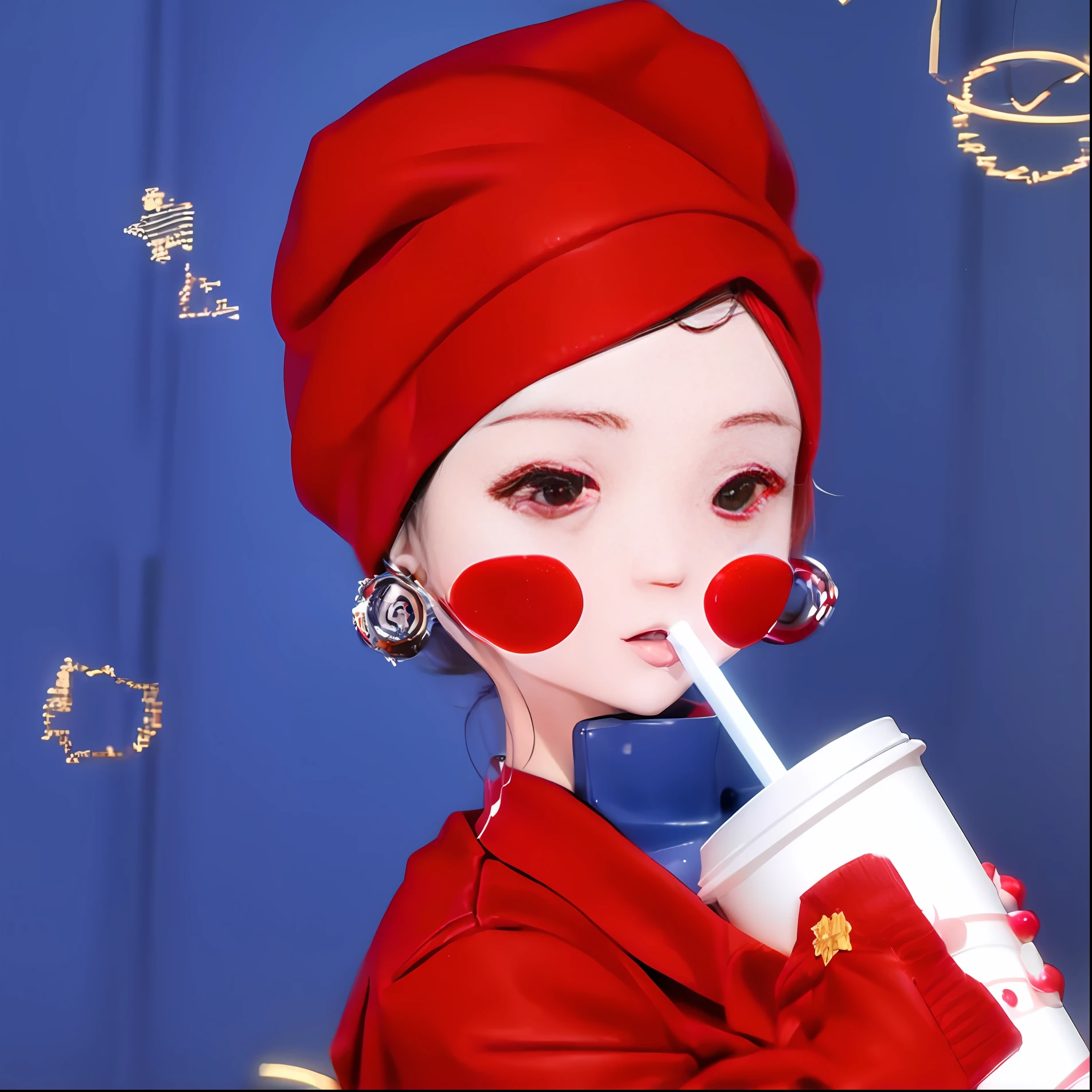 Anime, 3d, red clothes, holding a Coke cup, straws, (red face: 0.3)