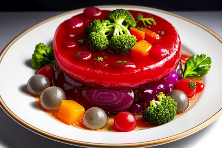 transparent gray jelly with bites of meat and vegetables insaide it, ultra high resolution, highly detailed